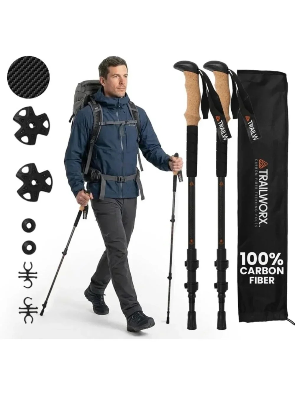 Lightweight Adjustable Carbon Fiber Trekking Poles Set of 2, Collapsible Hiking
